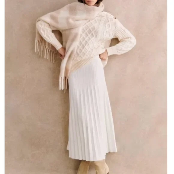BEST Sezane Leonine Knit Midi Skirt Small Ecru Ivory Off White French Stretchy - Picture 5 of 11